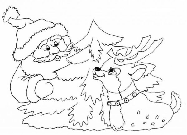 Mikołaj, renifer i choinka kolorowanka do druku